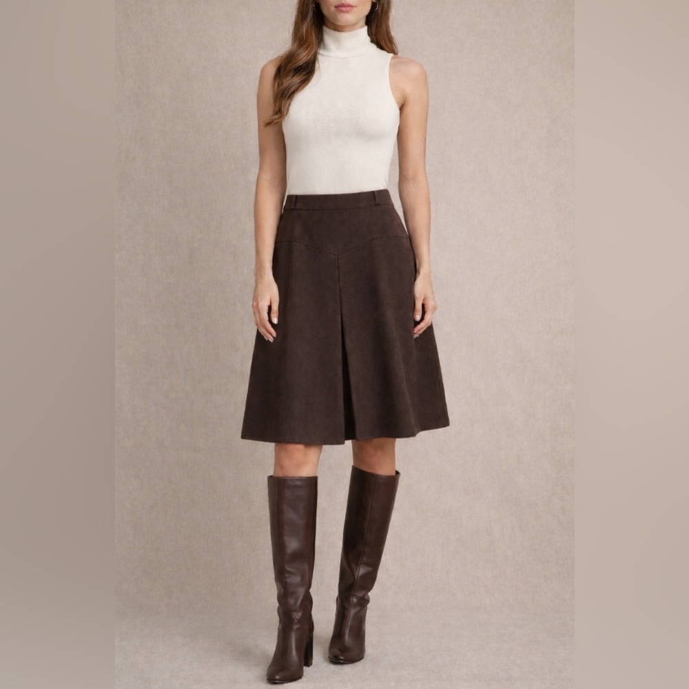 ALAIN MANOUKIAN Brown Inverted Pleat A-line Skirt FR42 US10 NWOT
